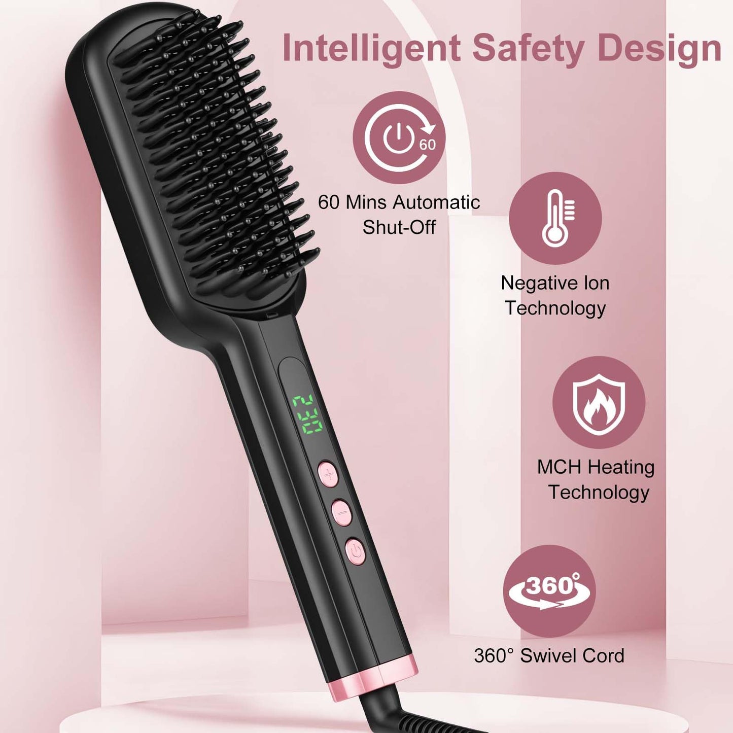 Hair Straightener Brush - SIQUER Ionic Hair Straightening Brush with 13 Temps LCD Display 45s Fast Heating 60mins Auto-Off Anti-Scald Ceramic Hair Straightener Comb for Home Salon, Black