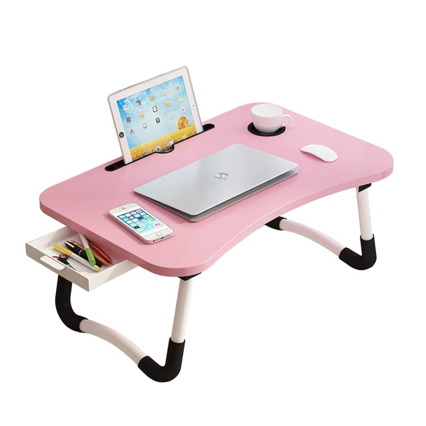 Lap Desk with Storage Drawer, Holders for Cup and Tablet for Kids and Adults, Tray Table with Foldable Legs, Laptop Bed Stand, Portable Standing Table for Sofa Couch Floor (23.6", Pink)