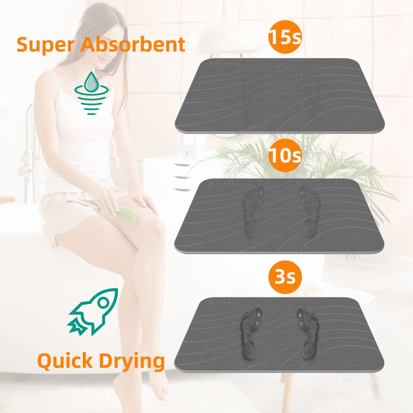 DRYSOLU Stone Bath Mat Diatomaceous Earth Bath Mat Stone Shower Mat Fast Water Drying Ultra Absorbent Pad Diatomite mat,Non-Slip Mat for Bathroom Shower,Kitchen,Pet,15.35x23.62in,Hard,Gray,1-Pack