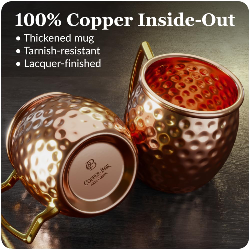 COPPER-BAR Moscow Mule Copper Mugs - Unique HANDCRAFTED Gift Set of 2, Hammered by Artisan, 100% Pure Solid Copper Cups 16oz for Drinking Water & Cocktails, Include 13 Pcs accessories & Special Opener