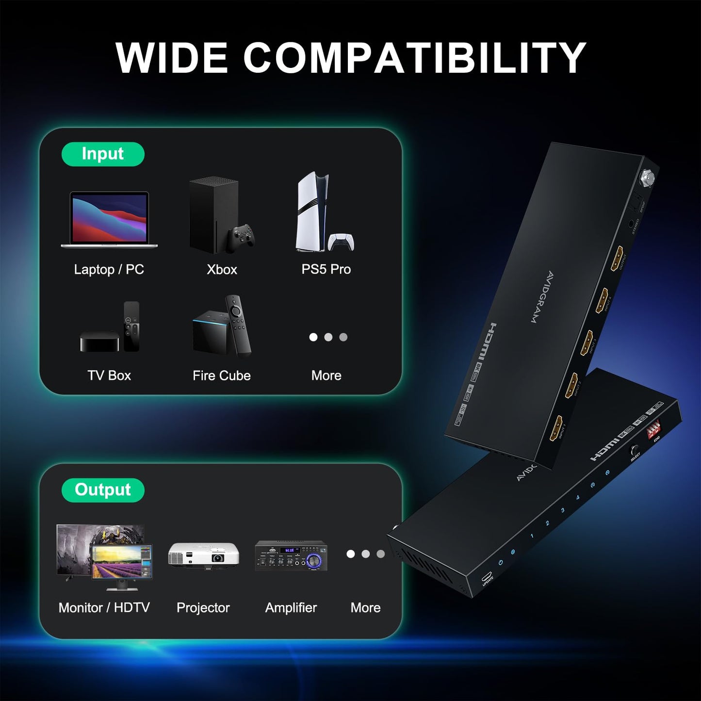 AVIDGRAM 4 Port HDMI Switch 4K 120Hz, 4 In 1 Out HDMI 2.1 Switcher 8K 60Hz with Audio Extractor Toslink 3.5mm and Remote, 16 EDID Modes, HDCP 2.3, HDR10, VRR, ALLM, QFT, CEC, Compatible with Xbox, PS5