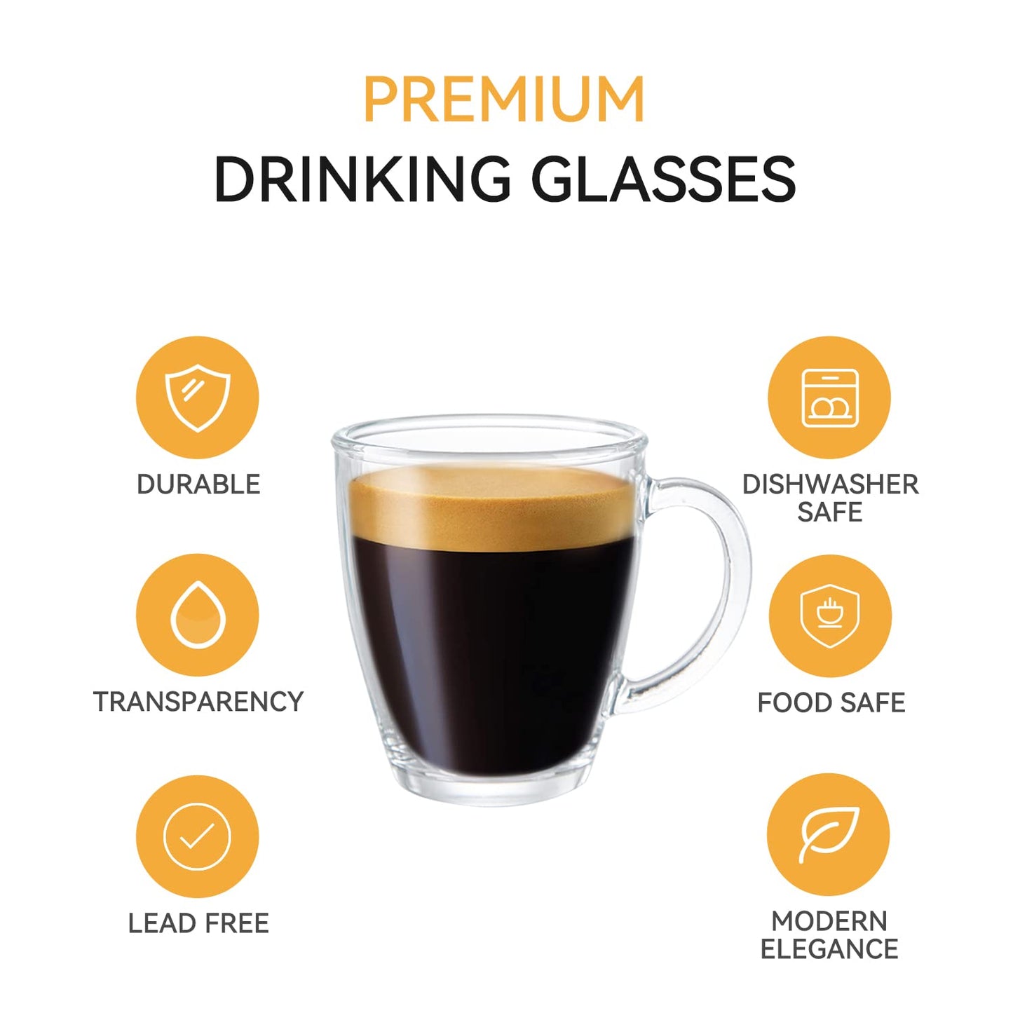 D.M DESIGN·MASTER [6 Pack,12 OZ] - Premium Glass Coffee Mugs with Handle, Transparent Tea Glasses for Hot/Cold Beverages, Perfect Design for Americano, Latte or Macchiato, Tea and Beverage.