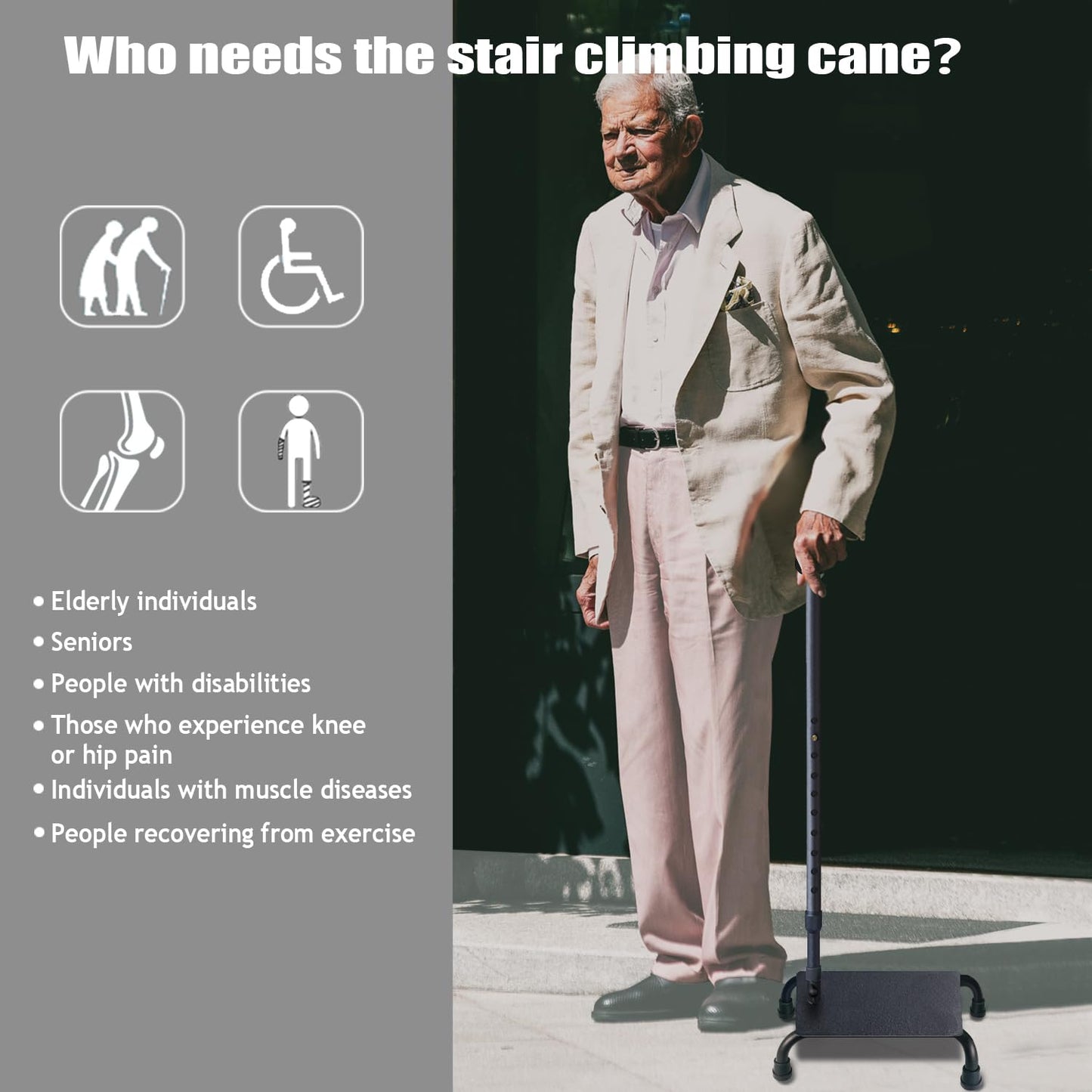 Aliseniors Enhanced Stair Climbing Cane - Upgraded Half Step Stair Lifts Seniors Step Helper for Easy Walking Up and Down Stairs - Adjustable Stair Steady Stairs Assist Aid for Men Women Elderly