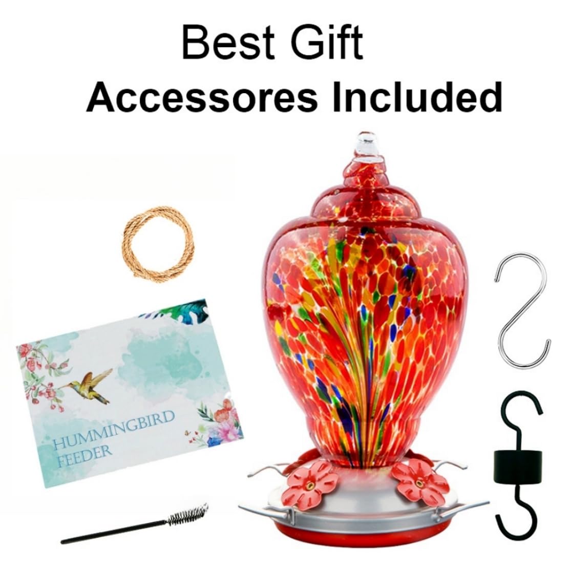 REZIPO Hummingbird Feeder Hand Blown Glass Bird Feeder for Outdoors Patio Large 32 Ounces Hummingbird Nectar Capacity with Hanging Hooks, Rope, Brush and Service Card