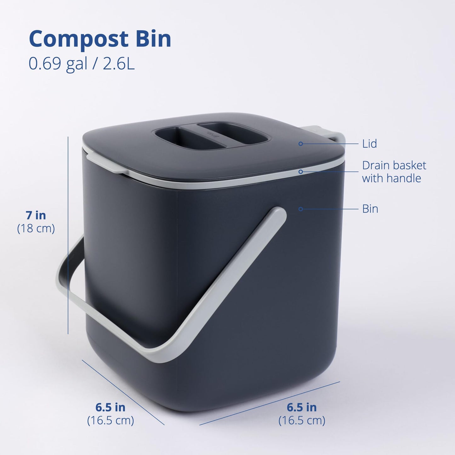 Blue Ginkgo Kitchen Compost Bin – Small [2.6L / 0.69 GAL] – Filter-Free, Odor-Tight Countertop Food Waste Pail with Handles (Made in Korea, Grey)