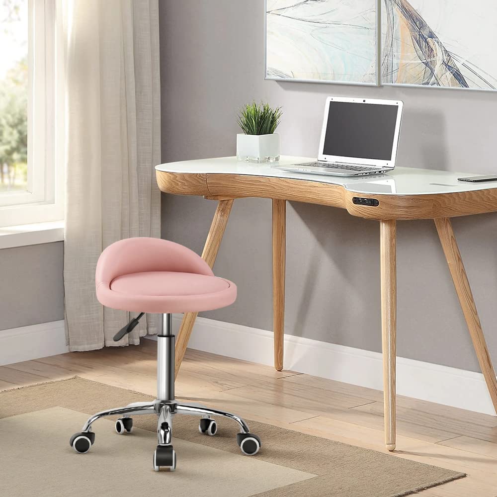 KKTONER PU Leather Round Rolling Stool with Back Rest Height Adjustable Swivel Drafting Work SPA Task Chair with Wheels (Pink)