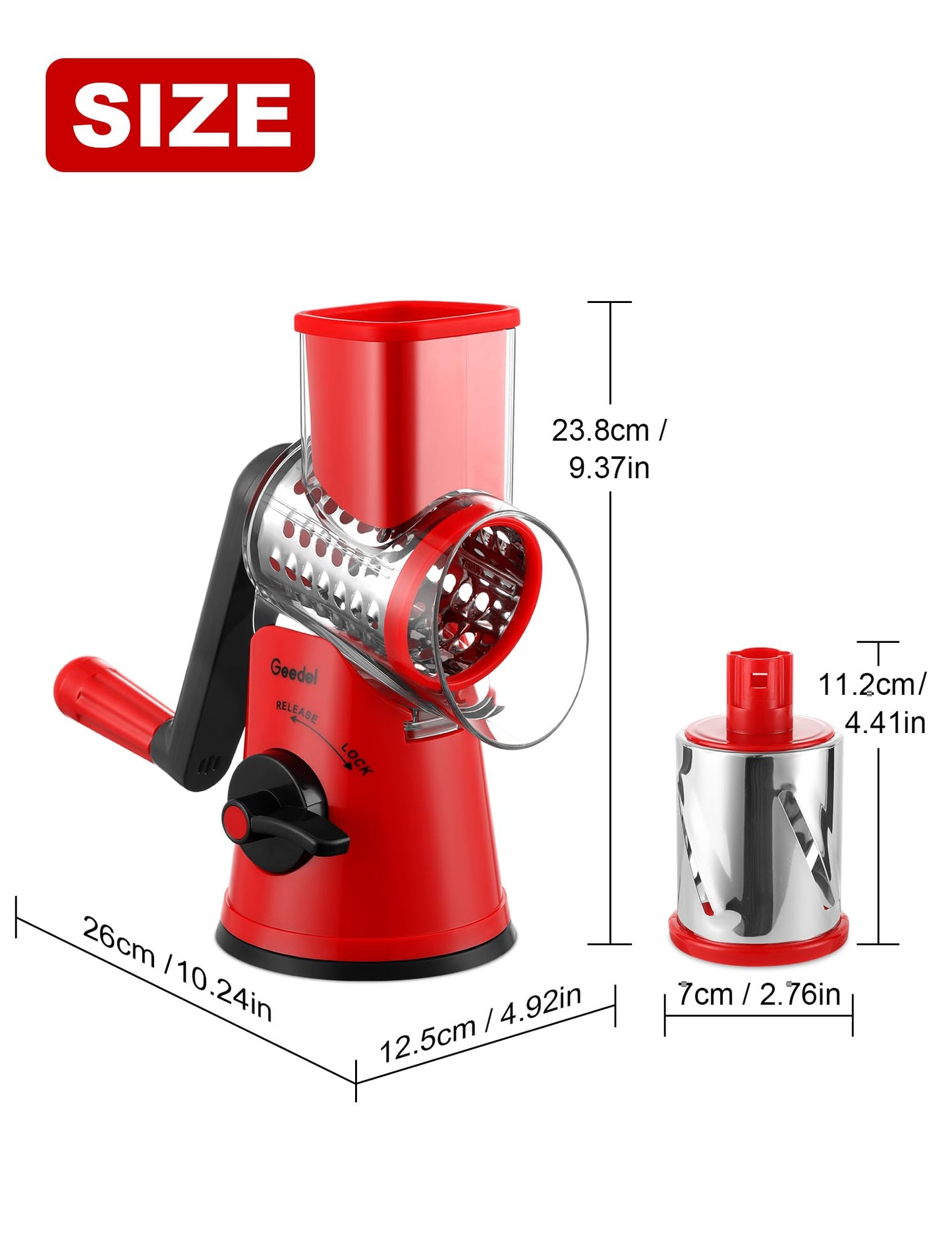 Geedel Rotary Cheese Grater Vegetable Shredder with 6 Interchangeable Blades No Slip Suction Base, Mandoline Slicer & Food Chopper for Cheese, Ice, Nuts, Vegetables, Veggie