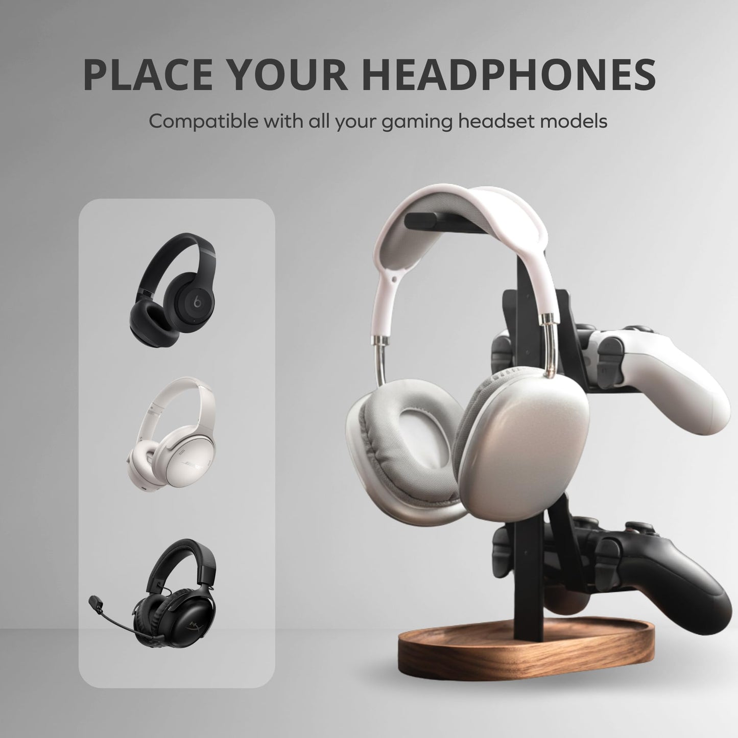 muso wood Gaming Headphones Stand, Walnut & Aluminum Headset Stand for Desktop Organizer, Suitable for PS5, Xbox, Switch, AirPods Max, Minimalist Desk Decor
