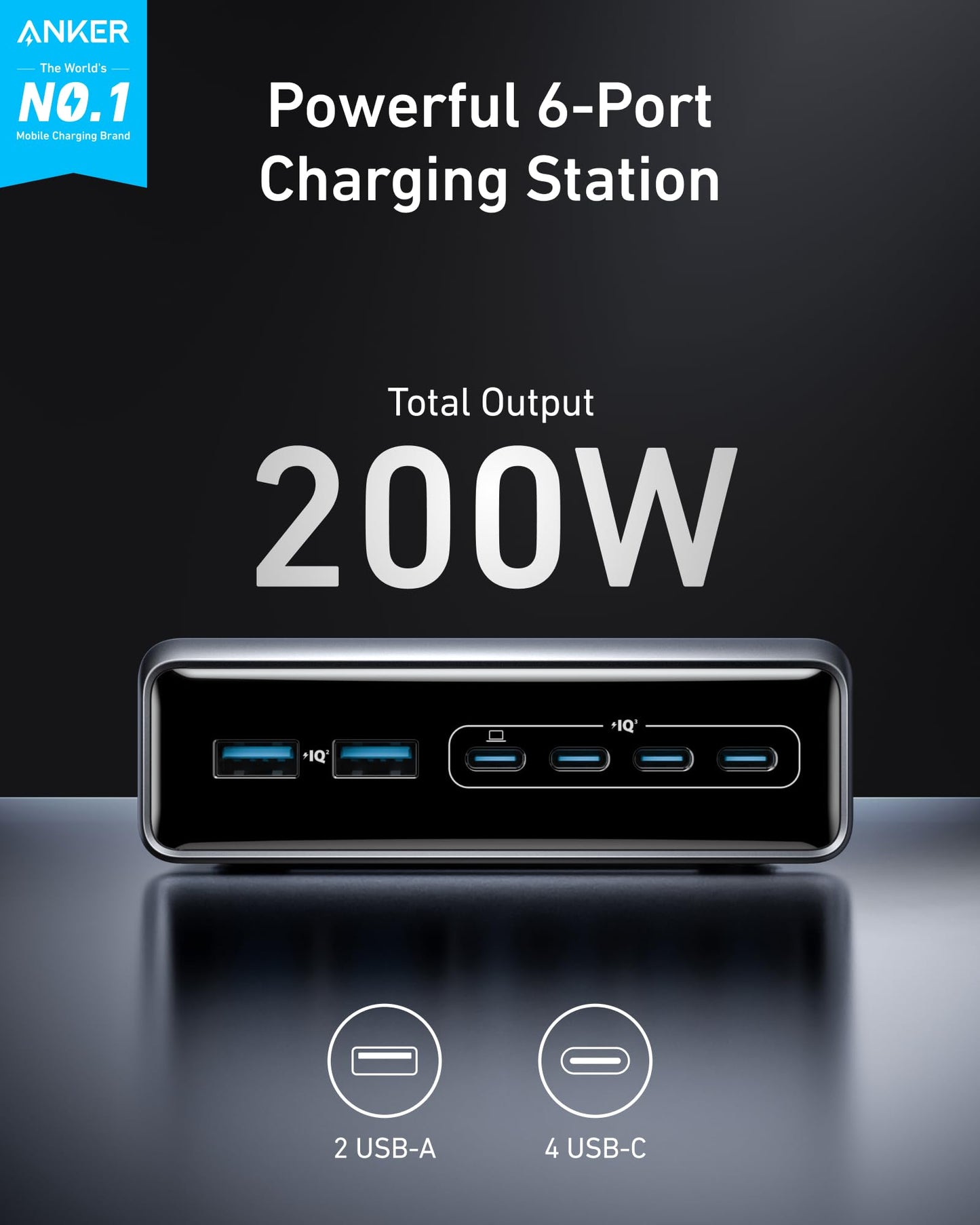 Anker Prime Charger, 200W 6-Port GaN Charging Station, USB-C PD Fast Charging Desktop Charger, Compatible with iPhone 17/Series, Samsung, MacBook, Dell and More