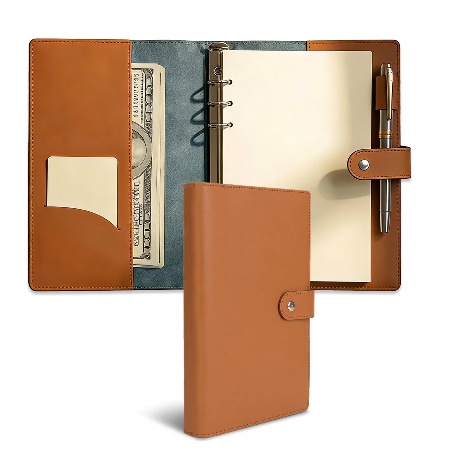 Acidea Refillable A5 Leather Binder Notebook, Vintage Organizer with 6-Ring Metal Binder, 200Pages Blank Paper, Pen Loop & Pocket, leather Planner for Office School Travel Business Planning Writing