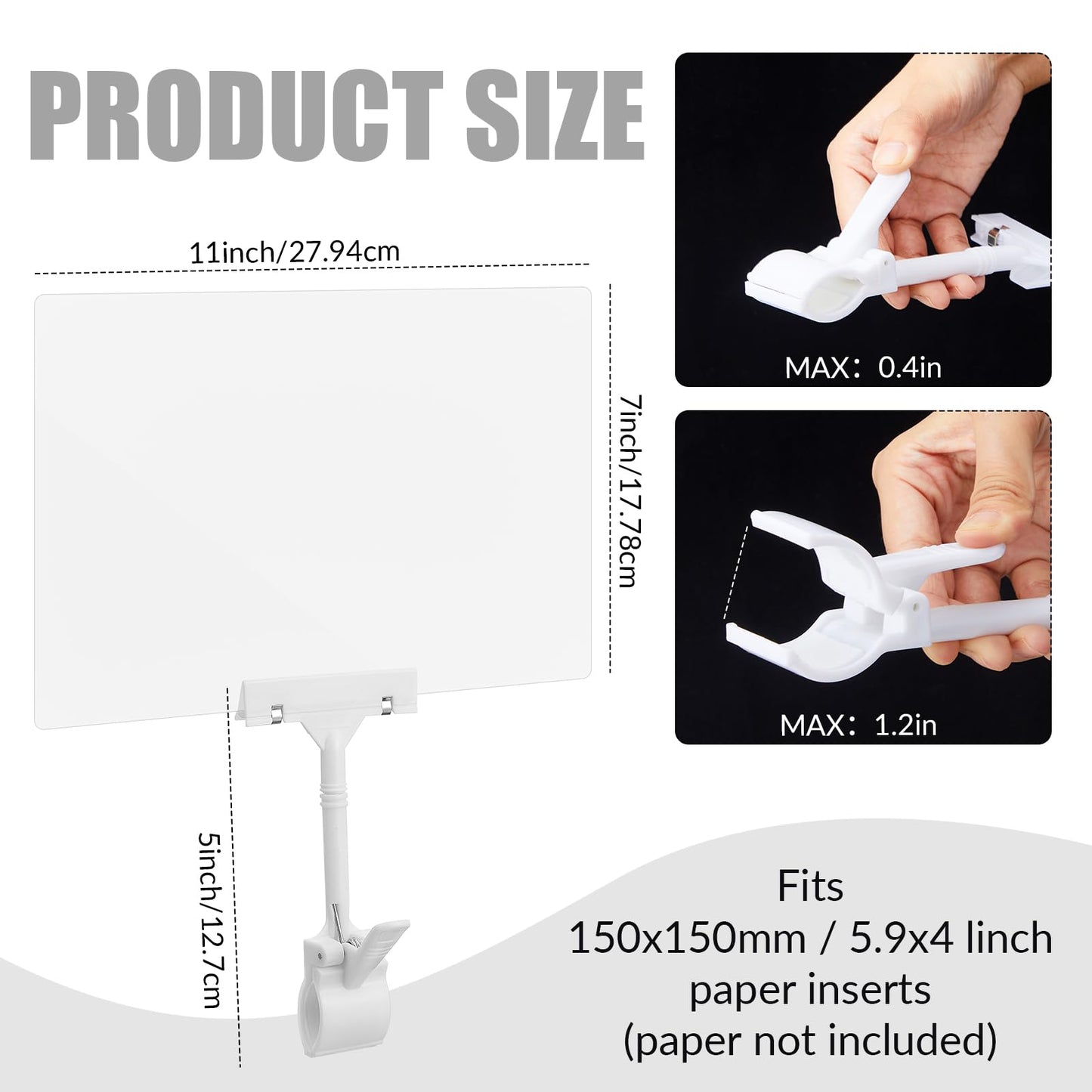 Suzile 4 Pcs 11 x 7 Inch Acrylic Sign Holder with Clamp Clip on Double Head Swivel Sign Rotating Price Holder Display White Erasable Merchandise Sign Display Clip for Supermarket Business Store