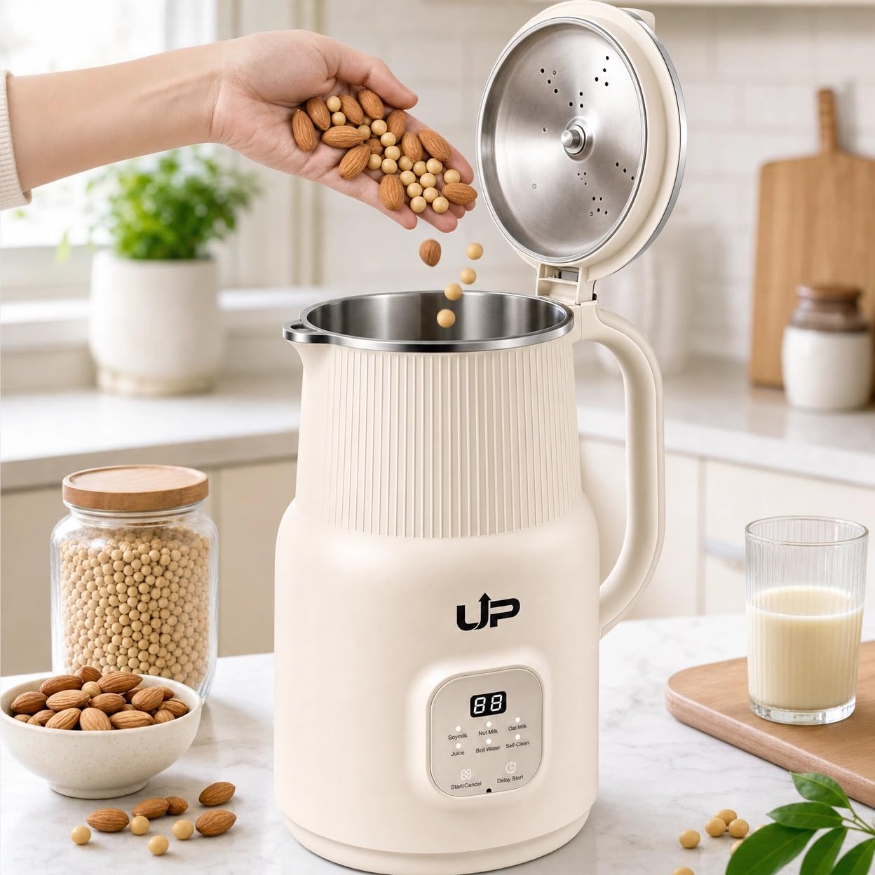 Automatic 6 in 1 Nut Milk Maker Machine 20oz – SUS 304 Stainless Steel Jar, Plant Based Milk for Almond Oat Soy Cashew – BPA Free, Self-Cleaning, Keep Warm, Delay Start, Soups & Juices.