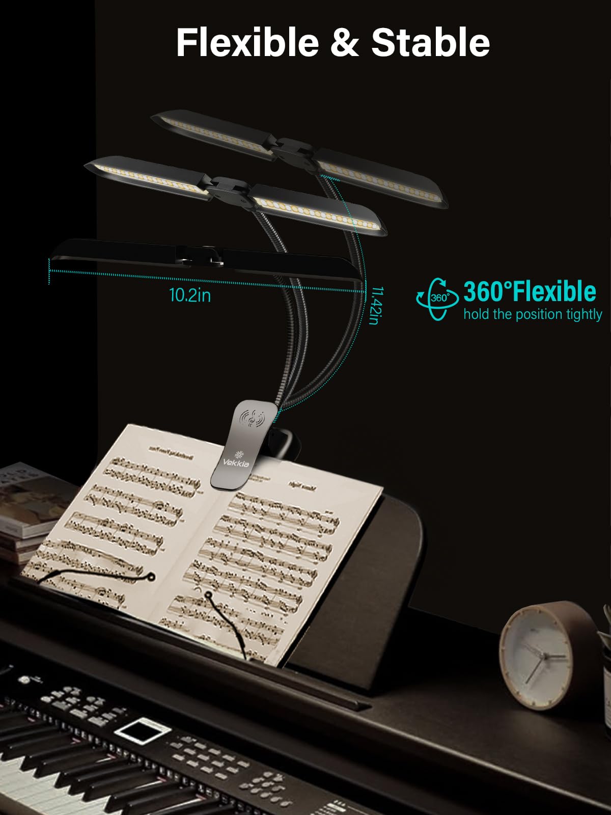 Vekkia 64 Led Rechargeable Music Stand Light, Folding Clip On Piano Lamp, Portable Professional 5 Brightness×3 Color Temperature, Perfect for Grand Piano, Book Reading.