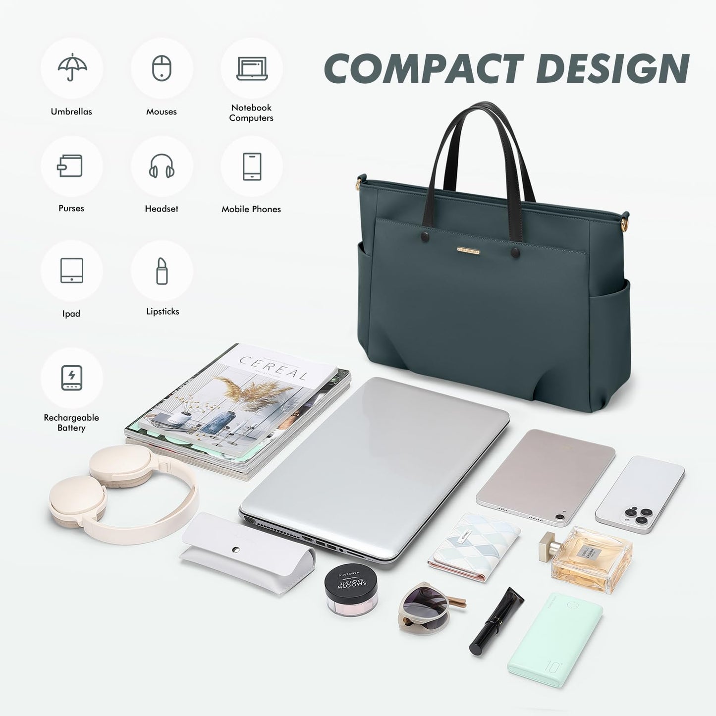 Laptop Tote Bag 15 Inch, Computer Shoulder Bag Large Work Tote Bag for Women, Laptop Carrying Case Stylish Handbag for Business Travel (Atrovirens)