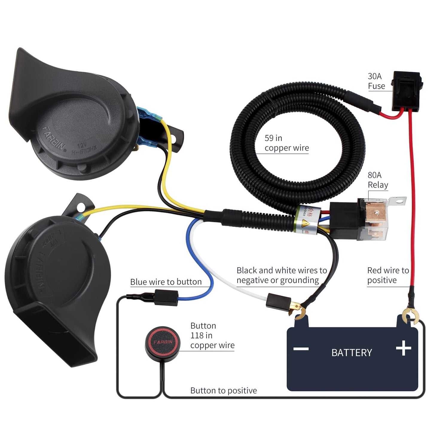 Car Horn 12V Truck Horn with Button Kit, Banhao Train Horn Waterproof High Low Tone Universal Fit Super Loud Electric Snail Horn 12V Horn Kit Replacement Car Horns Kit (with button)