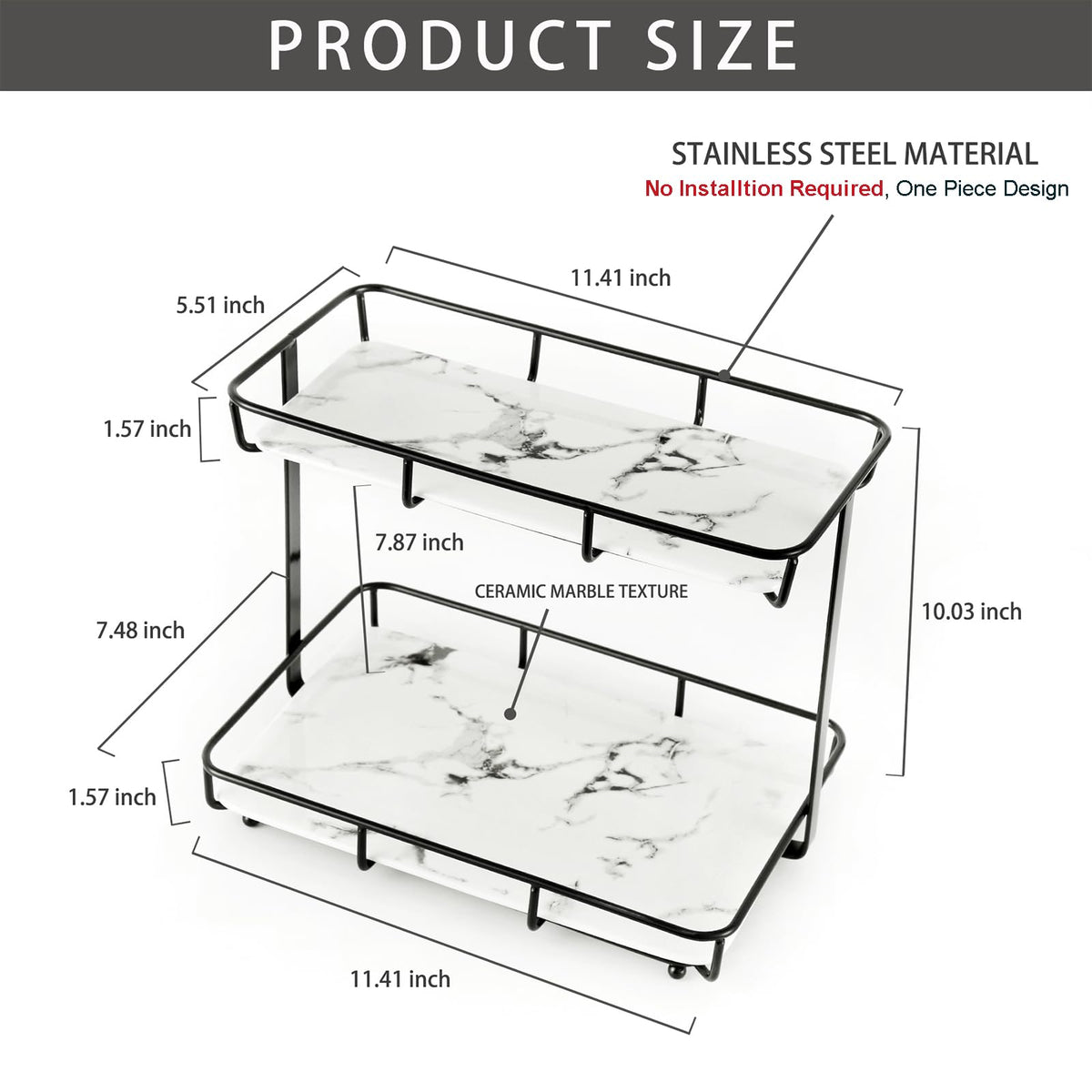 Dobbyby Bathroom Organizer Countertop Perfume Organizer Makeup Organizer Cosmetics Storage Display Rack 2 Tier Vanity Tray Dresser Stainless Steel Shelf Marble Print Ceramic Tray (2 Tier L-Black)