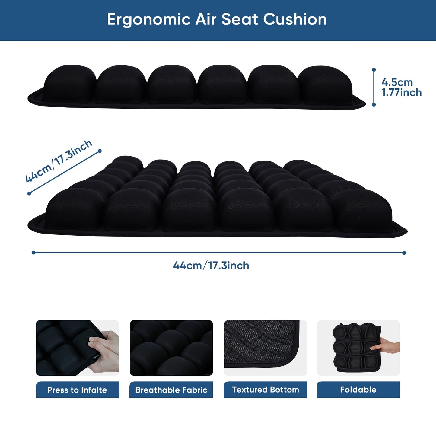 Hexara Ergonomic 3D Air Cushion for Long Sitting, Inflatable Airplane Seat Cushion for Long Flights, Travel Cushions for Office, Car, Wheelchair, Comfort for Coccyx, Low Back Pain Relief(Black)