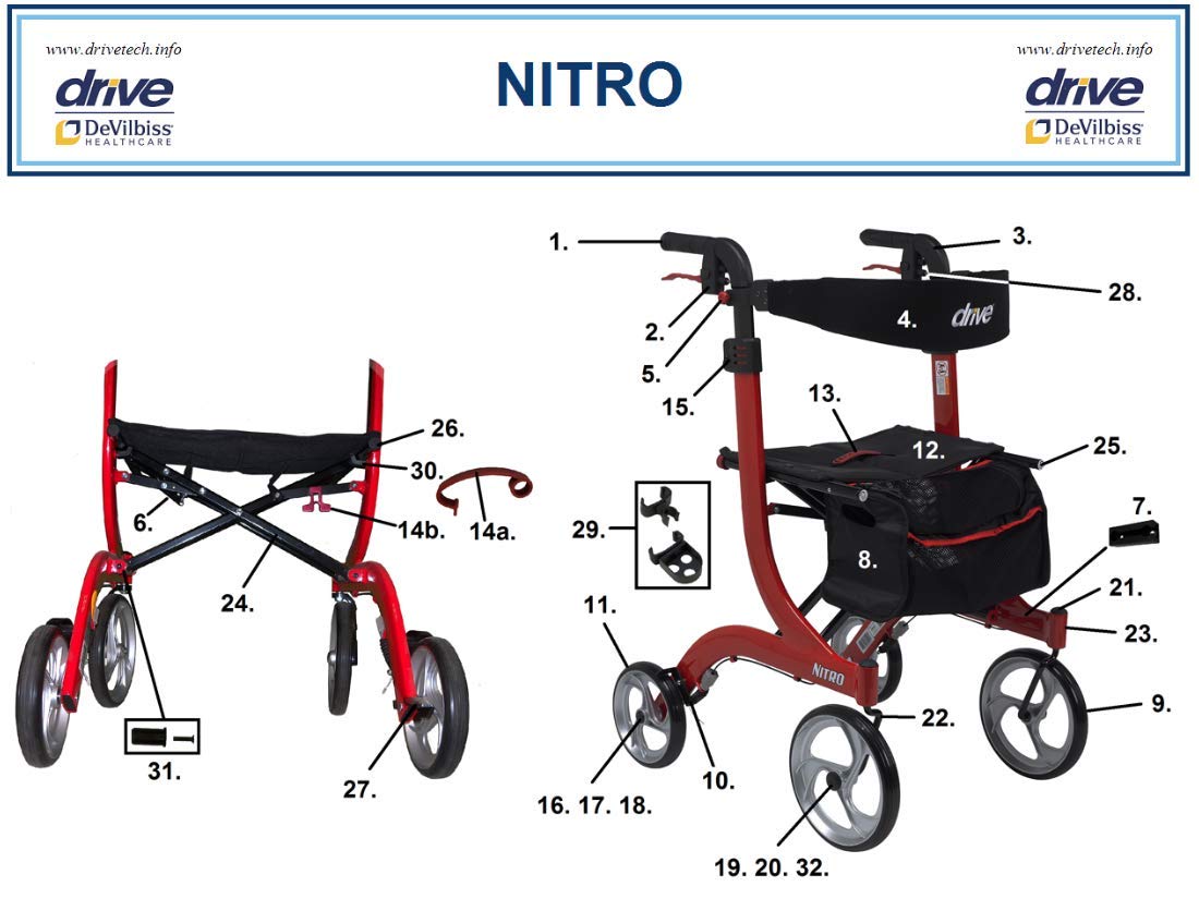 Replacement Parts for Drive Nitro Aluminum Rollator, (7. Bag - for Red Nitro)