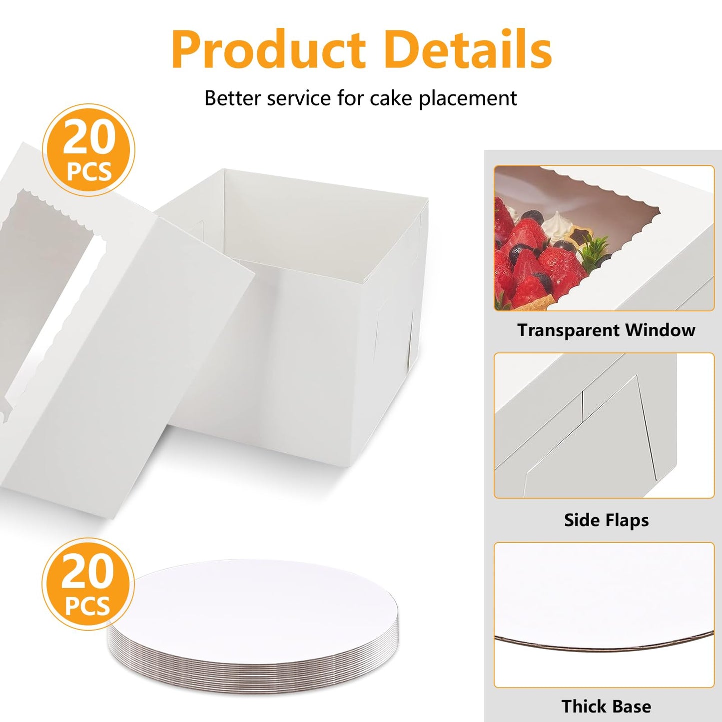40 Pcs 10x10x8 Inch Cake Boxes with Cake Boards Set (20 Boxes and 20 Boards) White Tall Bakery Boxes Disposable Cake Storage Container Baking Boxes with Window for Tier Cakes Pie Pastry