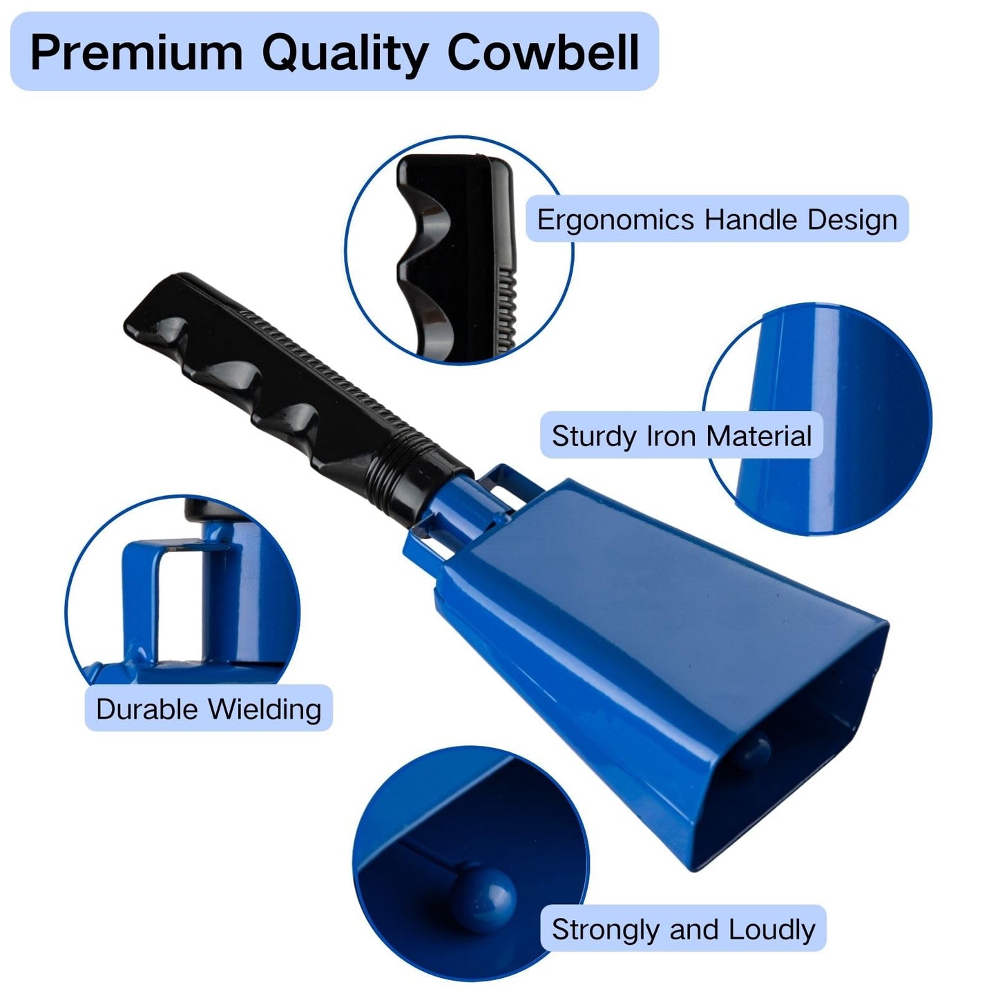 Cow Bell Noise Makers with Handle: Large Cowbells for Sporting Events Hand Percussion Instrument - 8 Inch 2 Pack Loud Cheering Bell for Football Games Graduation Party Farm (Blue)