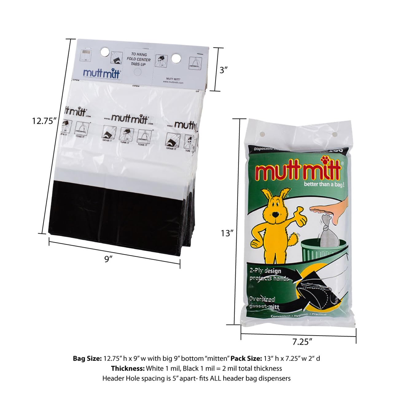 Mutt Mitt® 100 White & Black 2-Ply Dog Waste Bags on 1 Dog Waste Bag Station Header - 300% Thicker than mini roll dog waste bags - no more warm & yuck feeling