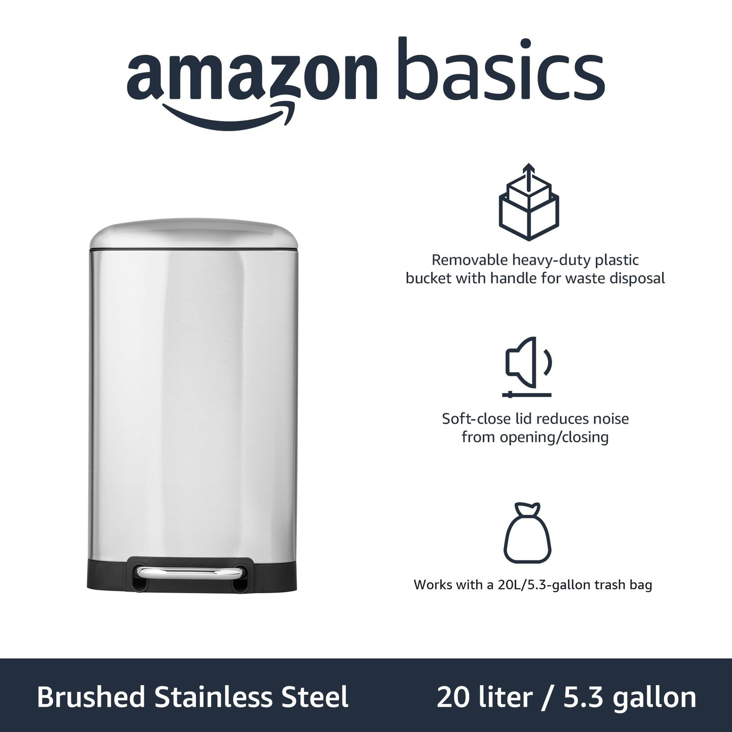 Amazon Basics Smudge Resistant Small Rectangular Trash Can with Soft-Close Foot Pedal for Bathroom, Bedroom, Living room or Office, 20 Liter / 5.3 Gallon, Nickel