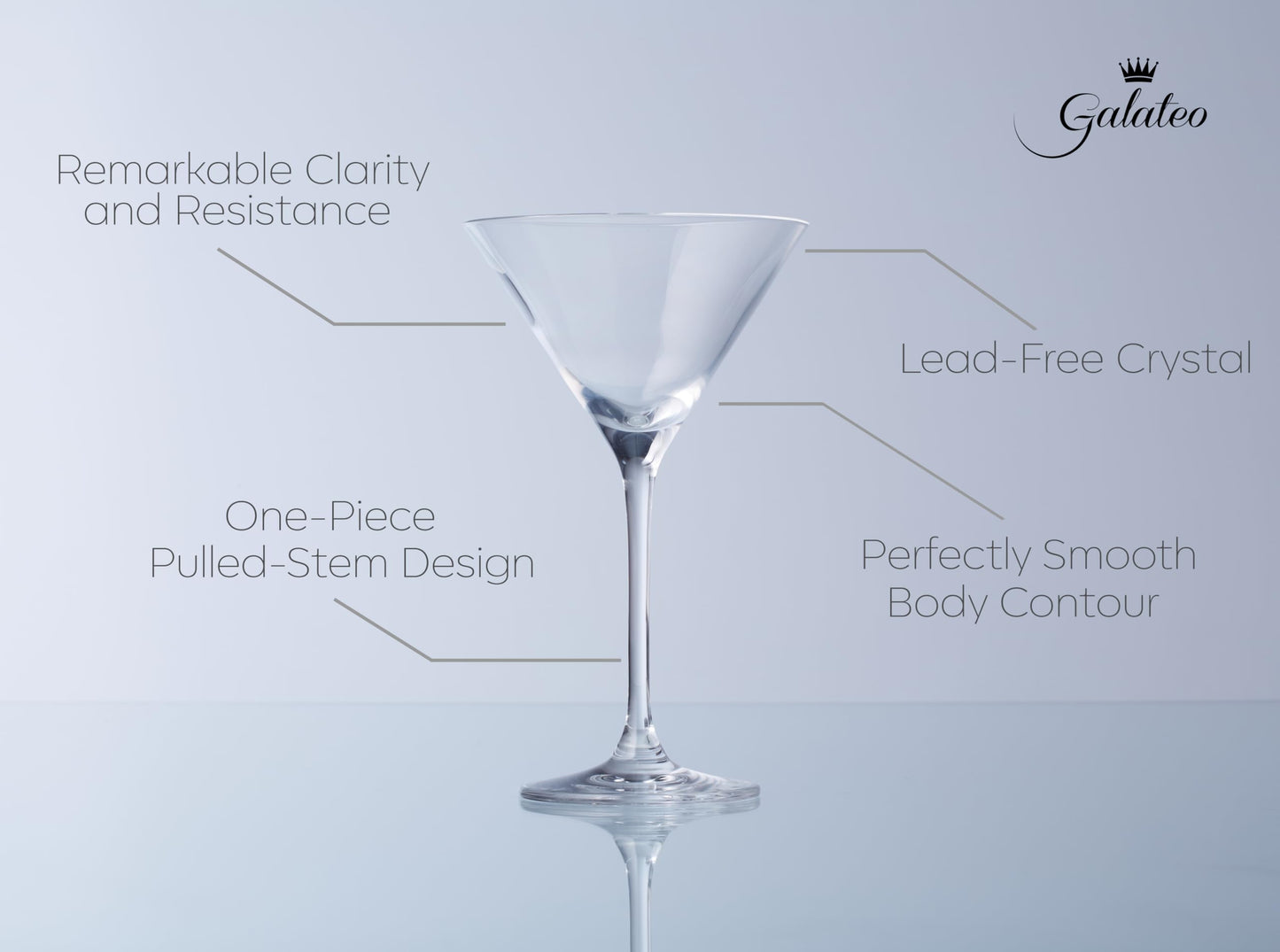 Galateo Vulcano Martini Cocktail Glasses - 6.8 oz / 200 ml - Made in Europe - Lead-Free Crystal - One-Piece Pulled Stem Design - Set of 4