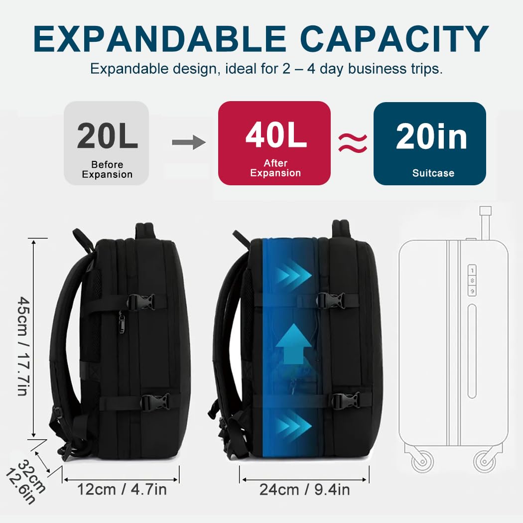 1NEVAN Carry On Backpack, 40L Expandable Travel Backpack for Men &Women, TSA-Friendly Laptop Backpack Fits 15.6 Inch, Carry On Luggage for Airplanes, 40L Backpack for Flight & Weekender