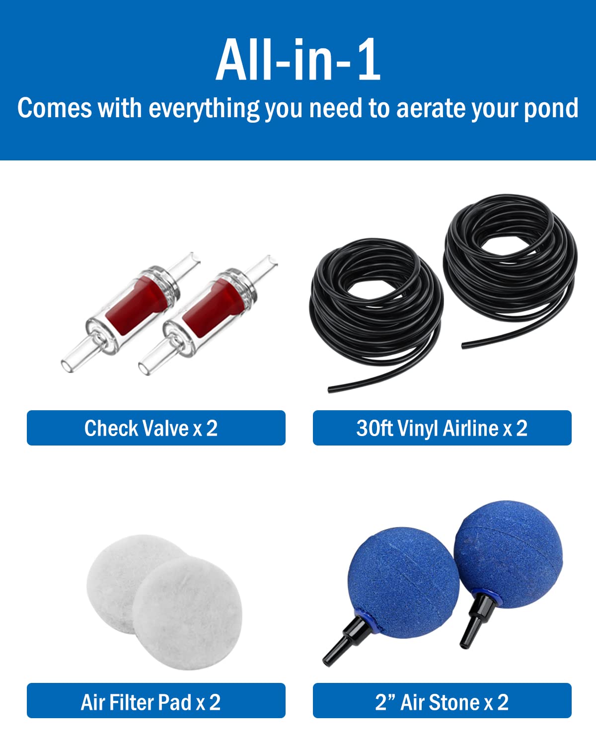AquaMiracle All-in-One Koi Pond Aerator for Outdoor Ponds up to 1000 Gallons, Pond Air Pump Pond Aeration System with Double Outlet Airline Tubing Air Stones Check Valves