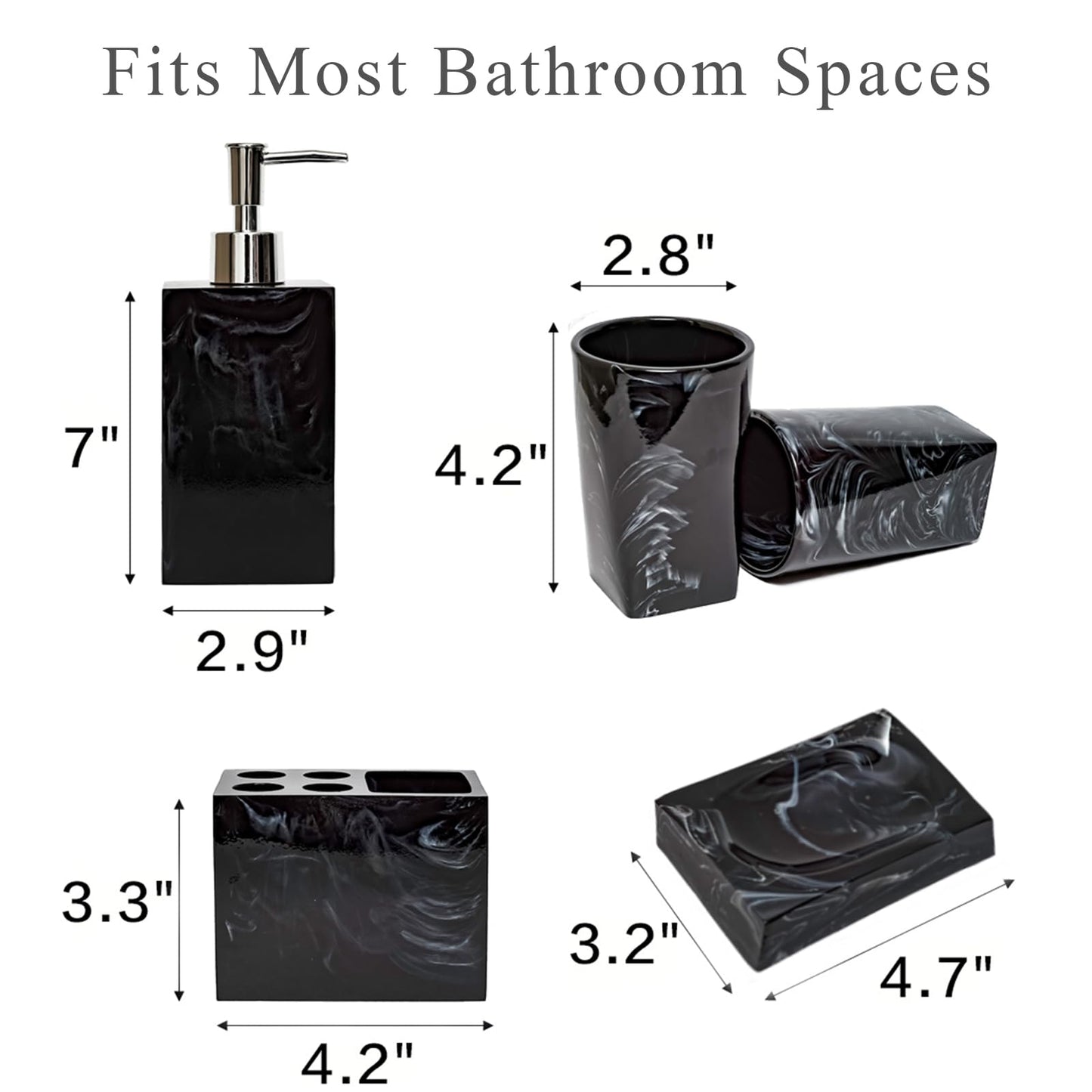 5 Piece Bathroom Accessories Set, Marble Resin Bathroom Vanity Set, Soap Dispenser, Toothbrush Holder, Soap Dish & 2 Tumblers, Bathroom Countertop Organizer Set (Ink Black)