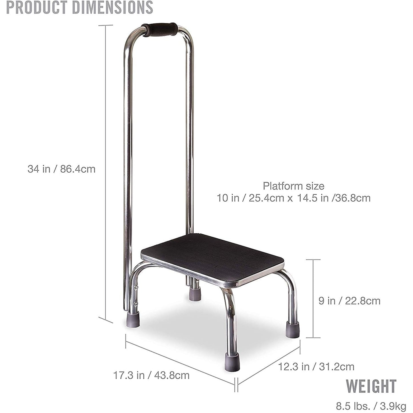 DMI Step Stool with Handle and Non Skid Rubber Platform, Lightweight and Sturdy Stool for Seniors, Adults and Children, Holds up to 300 Pounds with 9.5 Inch Step Up, Chrome