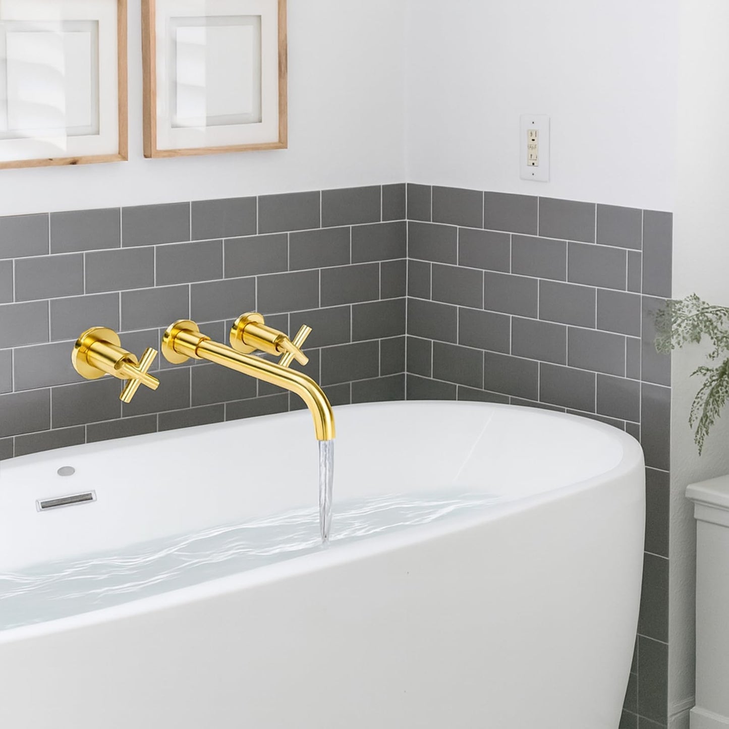 Noliven Brushed Gold Wall Mount Faucet, Brushed Brass Bathroom Sink Faucet, 2 Cross Handle Wall Mount Vessel Sink Faucet for Vanity Lavatory Sink, Wall Mounted, Rough-in Brass Valve Included