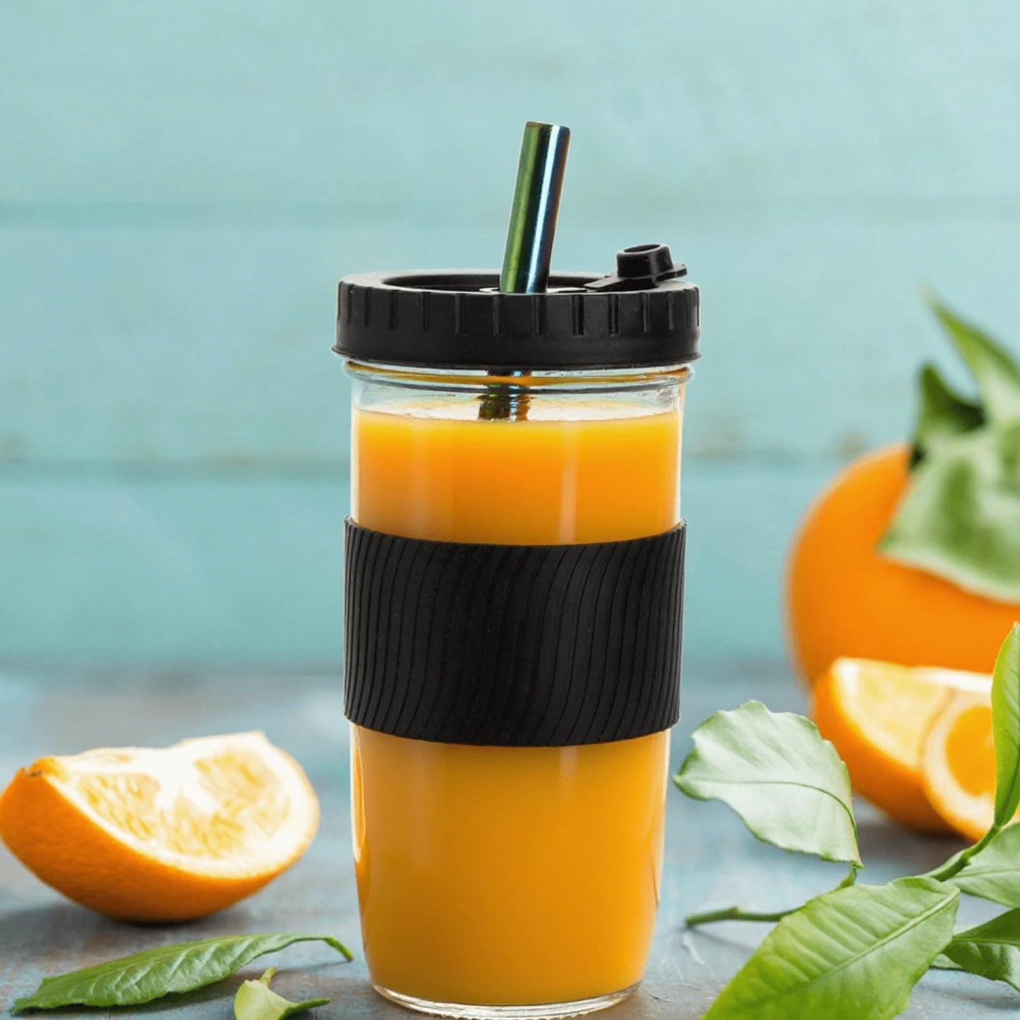 YOUEON 4 Pack 24 Oz Reusable Boba Cups with Lids and Straw, Iced Coffee Cups Glass Smoothie Cups, Mason Jar Cups with Sleeve, BPA Free, Dishwasher Safe, 2 Colors