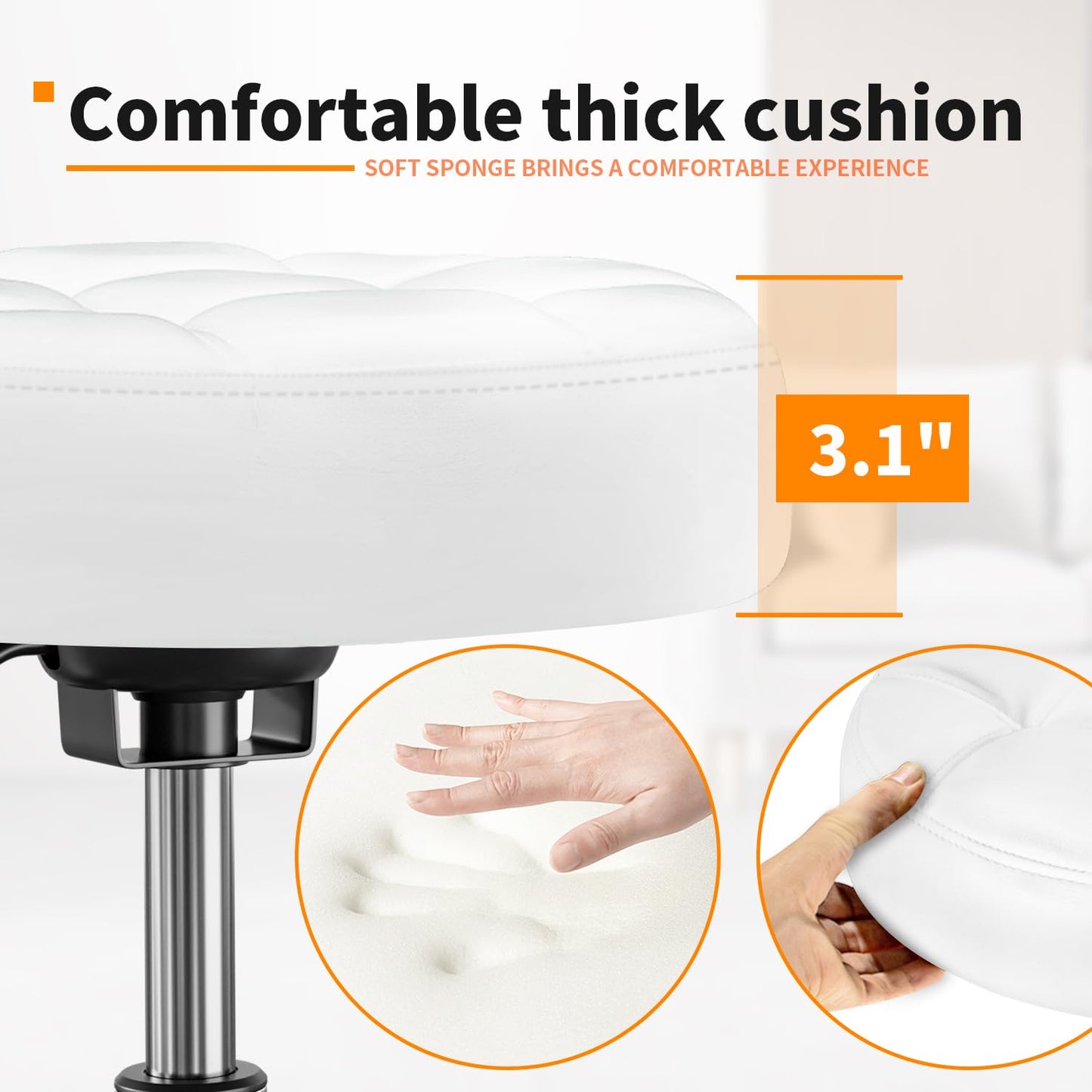 Rolling Stool PU Leather Round - Ultra Soft Padded Seat Cushion Stool with Wheels with Footrest, Strong Weight Capacity 350lb,Adjustable Swivel Stool for Tattoo Massage Salon Office Spa Home (White)