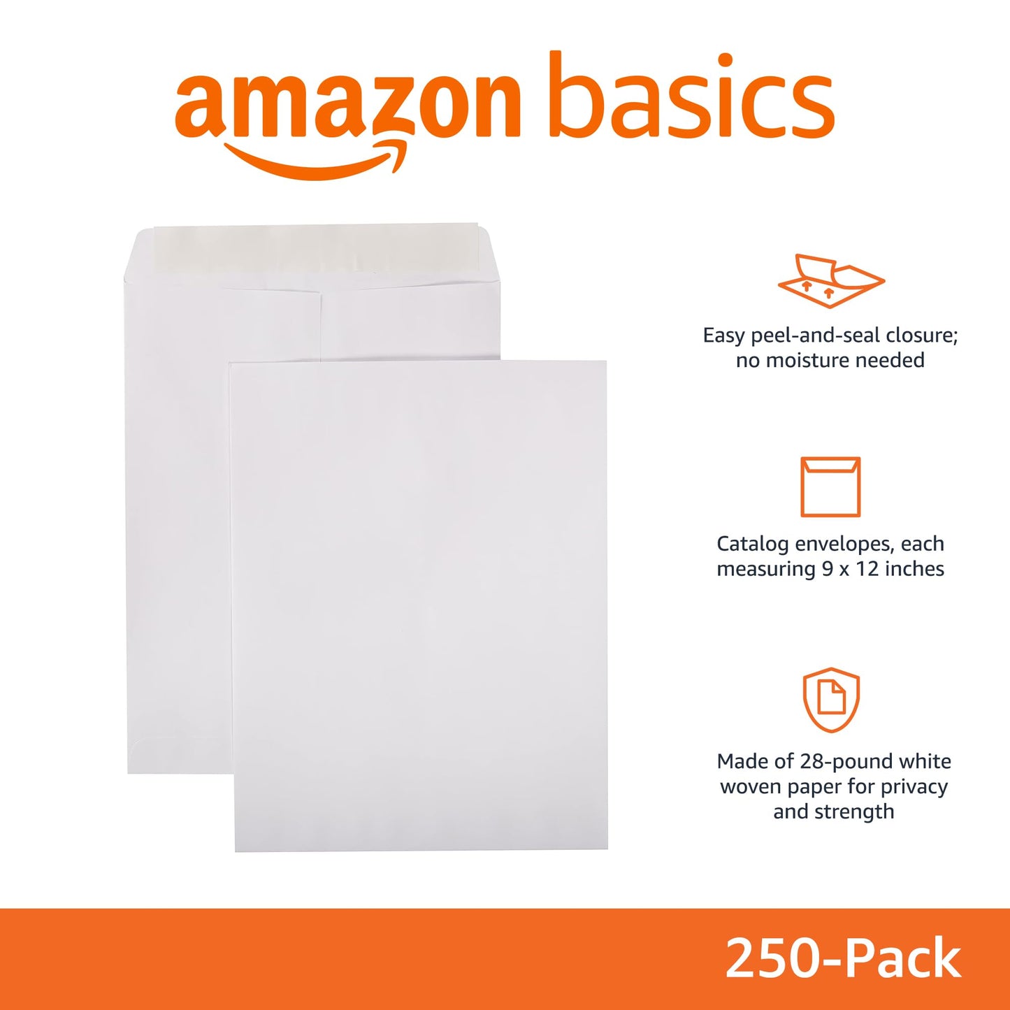 AmazonBasics Catalog Mailing Envelopes, Peel & Seal, 9x12 Inch, White, 250-Pack - AMZA33