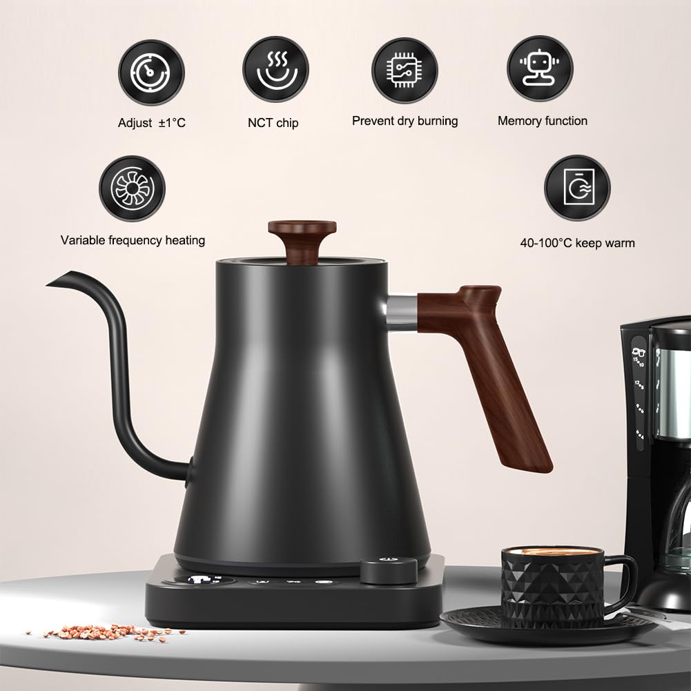 TanChihl Electric Gooseneck Kettle 304 Stainless Steel Electric Tea Kettle 0.9L Temperature Control Pour-Over Coffee and Tea Pot Quick Heating Hot Water Boiler (Black)