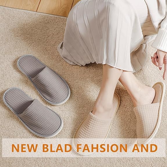 12 Pairs Disposable Slippers, Non-slip Guests Soft Polar Fleece SPA Slippers, Washable Reusable Slipper for Hotel Home Travel Indoor (Khaki, Grey)