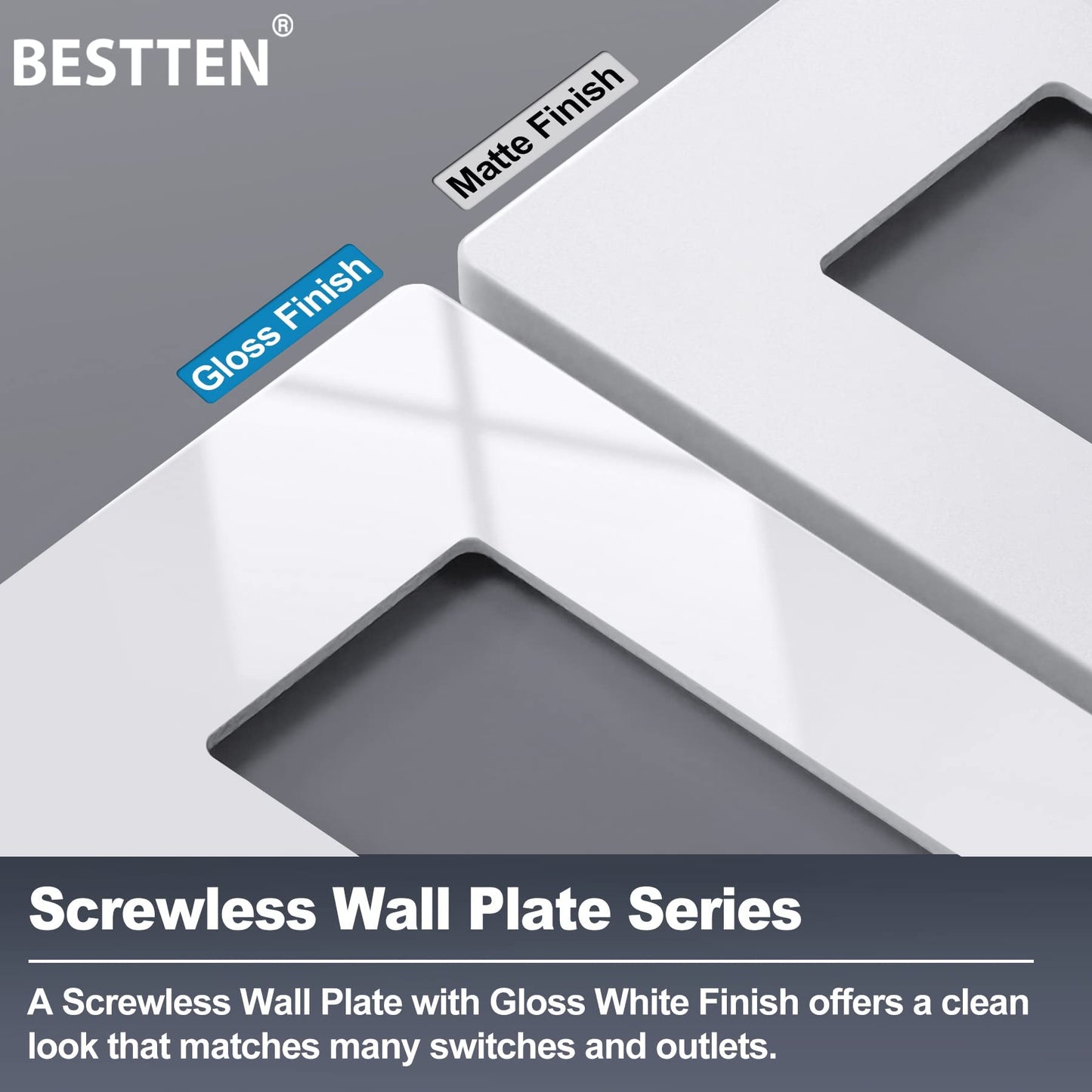 BESTTEN 5 Pack of 3-Gang Screwless Wall Plate, USWP6 Gloss Snow White Series, Decorator Outlet Cover, 11.91cm x 16.61cm, for Light Switch, Dimmer, GFCI, USB Receptacle