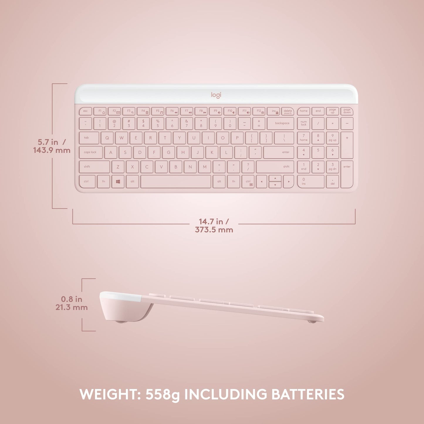 Logitech MK470 Slim Wireless Keyboard and Mouse Combo - Modern Compact Layout, Ultra Quiet, 2.4 GHz USB Receiver, Plug n' Play Connectivity, Compatible with Windows - Rose