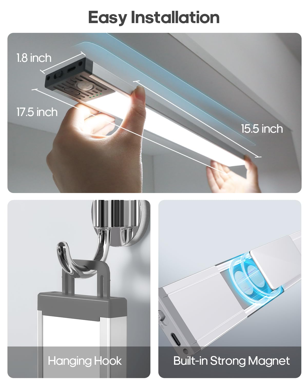 Goodea 17.5Inch Under Cabinet Lighting, 4500mAh Rechargeable Battery Motion Sensor Light Indoor, Wireless Under Cabinet Lights for Kitchen, Closet.(4 Pack)