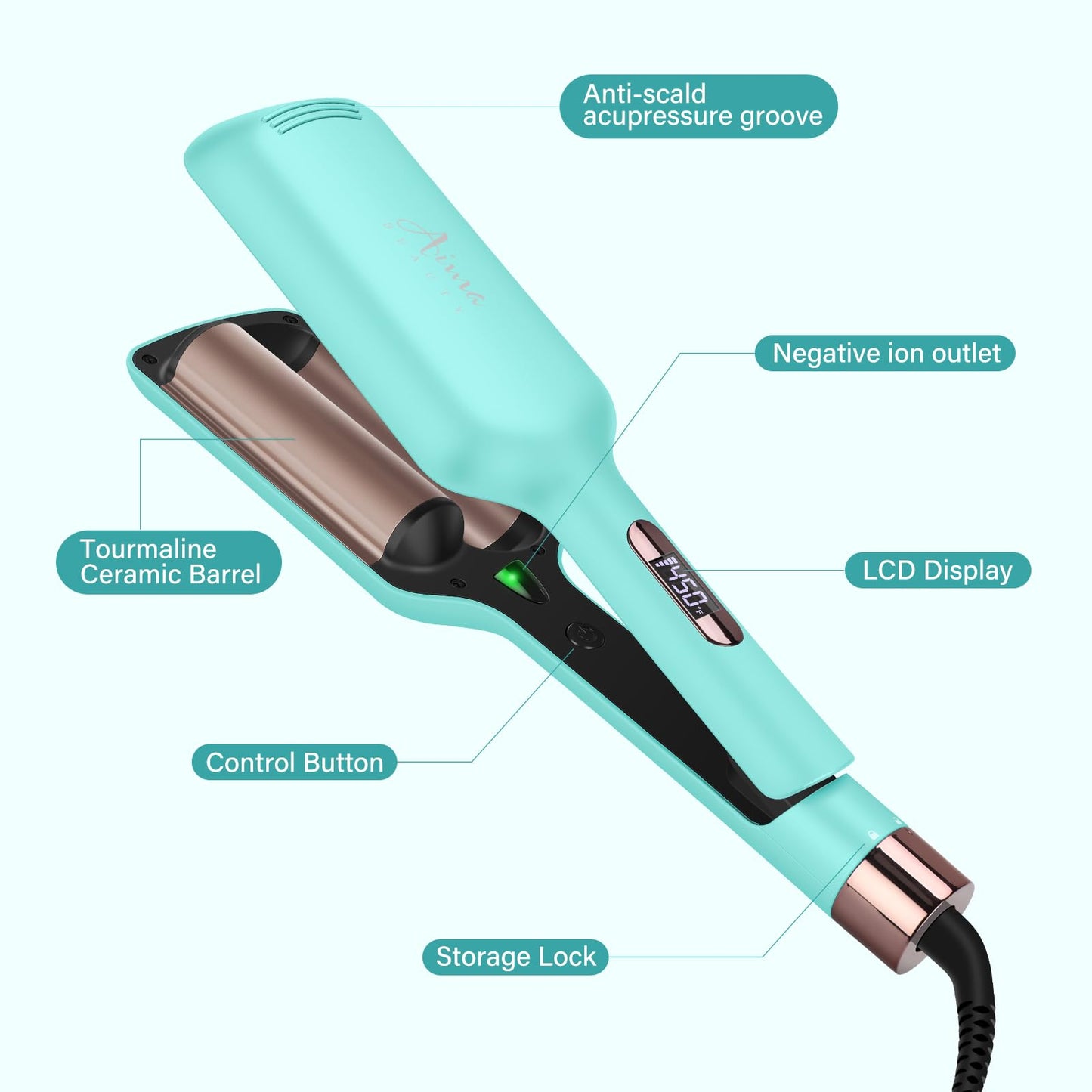 32mm (1.25") Aima Beauty Twins Mermaid Waves Hair Waver, Anti-Scald 2 Barrel Curling Iron, Hair Crimper, Ionic Care Wave Iron 15S Heats Up for Short/Medium/Long Hair Light Green