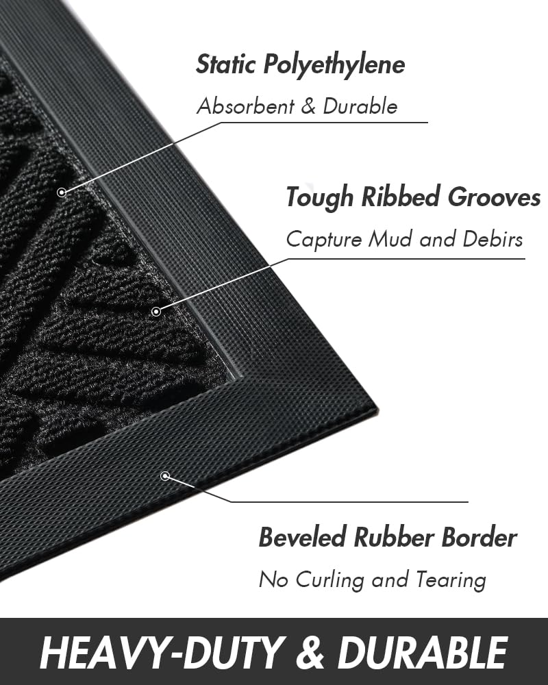 Front Door Mat Outdoor Indoor Welcome Mat Non Slip Rubber Doormat Absorbent Entryway Rug Entrance Mat Entry Rug Dirt Scraping Shoe Mat Black 60X90cm