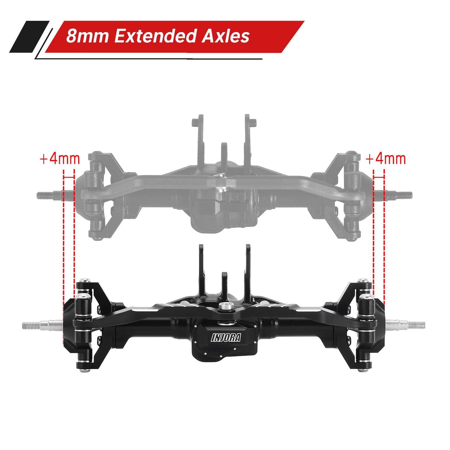 INJORA 48g Front and 42g Rear Axles Set - +4mm Extended Aluminum Complete Axles for TRX4M Upgrade 1/18 RC Crawler Car