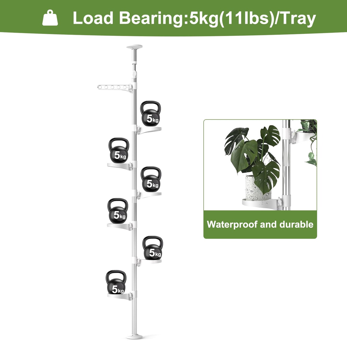 BAOYOUNI 7-Layer Indoor Plant Stands Spring Tension Pole Metal Flower Display Rack Space Saver Corner Floral Pot Hanger Shelf, Ivory