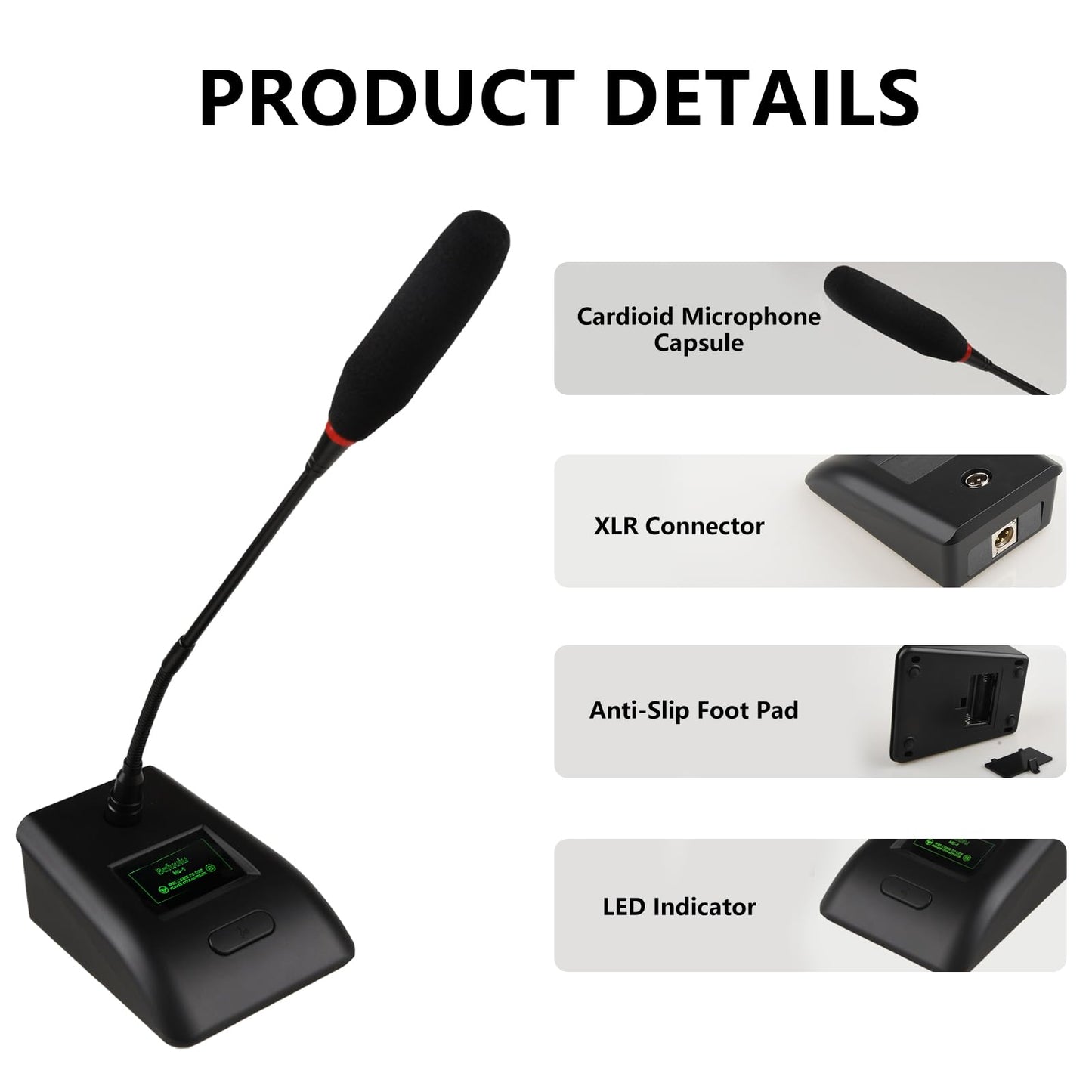 Desktop Gooseneck Conference Microphone Wired with 48V Phantom. Table Mounted Corded Condenser XLR Microphone with 26ft XLR Male to Female Cable and 6.35mm Adapter Cable for Speake, Studio, Recording