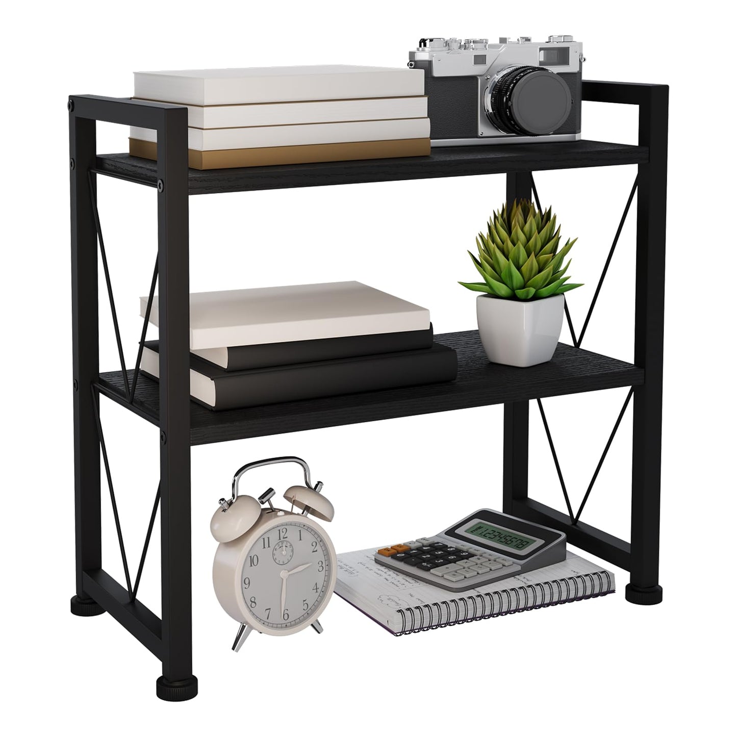 VSIWB Desktop Organizer Shelf, 2 Tiers Desk Organizers and Storage, Countertop Organizer Desktop Bookshelf, Metal and Wooden Desk Storage Shelf, Desk Shelf for Home Office Coffee Bar Bedroom Kitchen