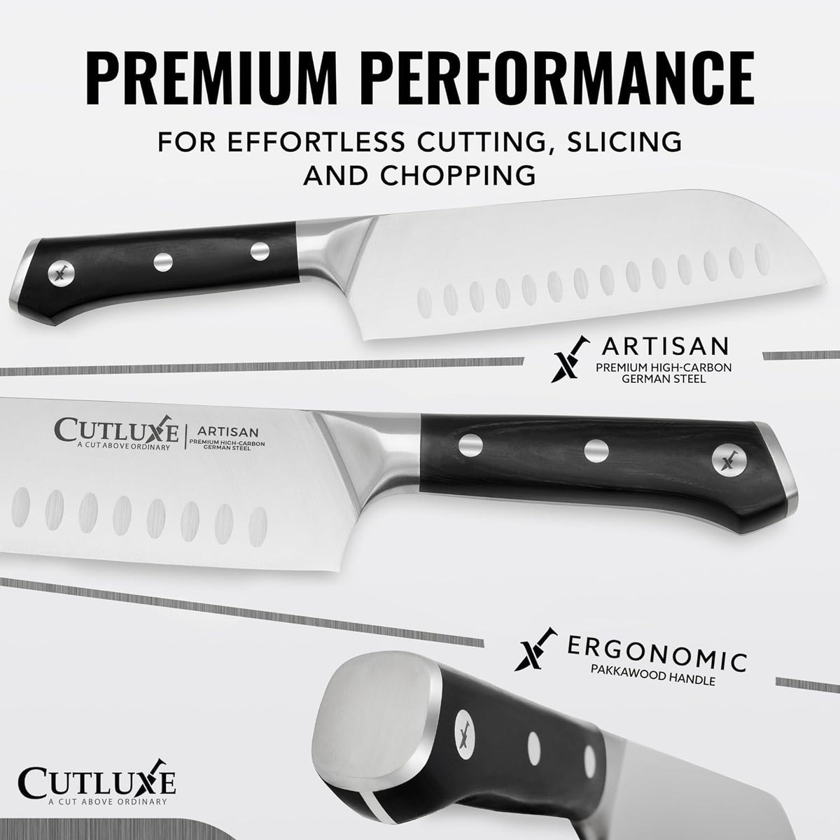 Cutluxe Santoku Knife – 7" Chopping Knife, Vegetable Knife – Forged High Carbon German Steel, Sheath Included, Full Tang, Razor Sharp, Ergonomic Handle Design – Artisan Series