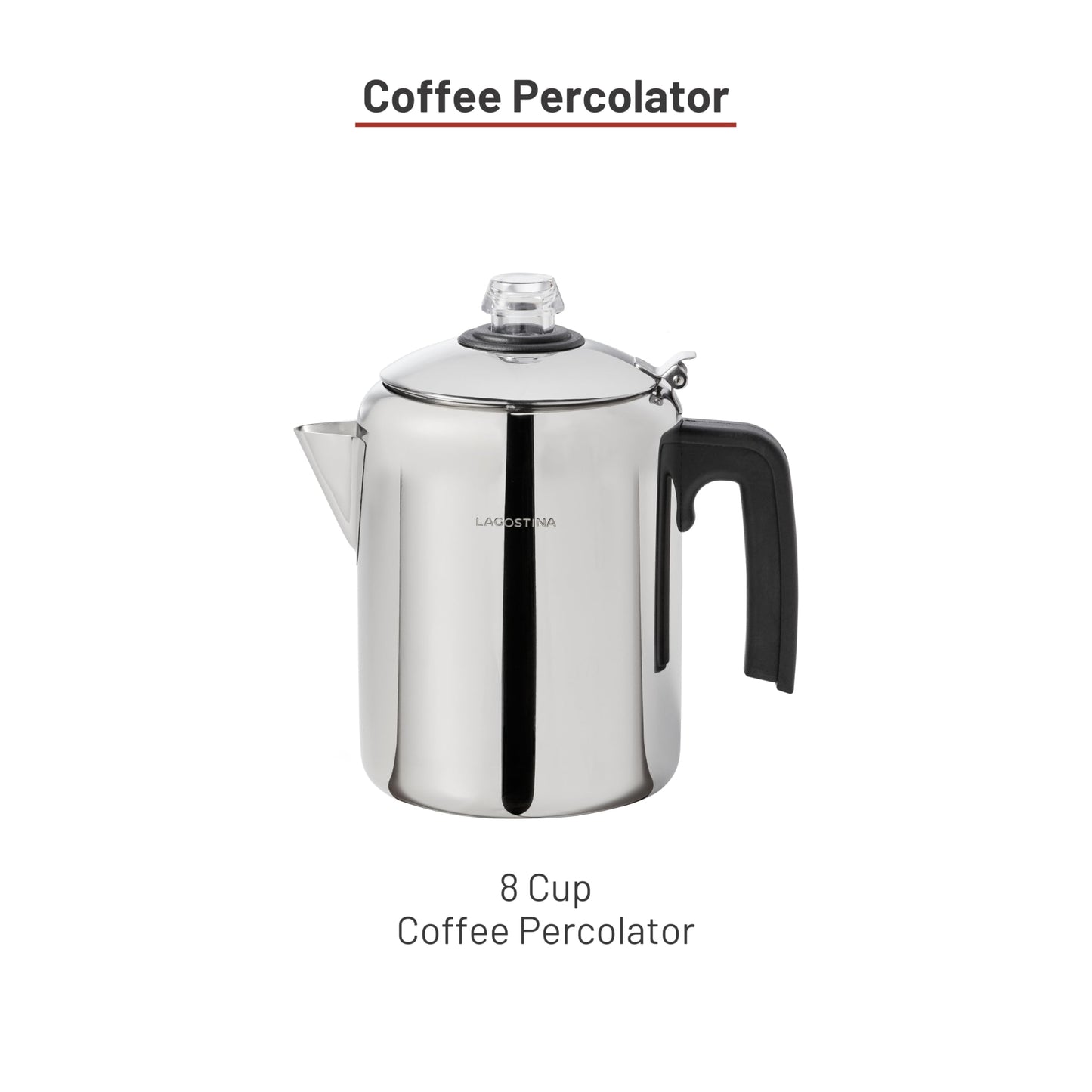 Lagostina Stainless Steel Coffee Percolator, 8-Cup Stovetop Coffee Maker, Durable 18/10 Stainless Steel, Permanent Mesh Filter, Drip-Free Spout, silver