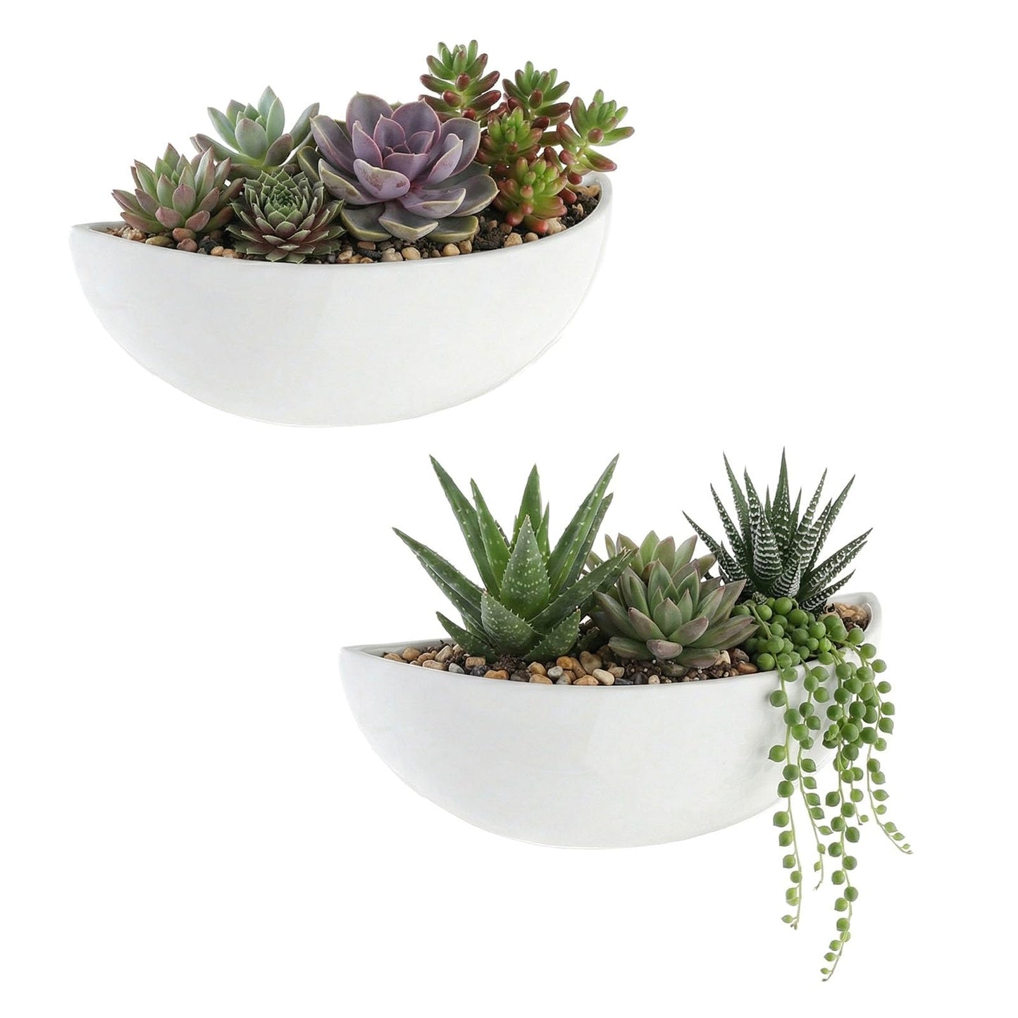 MyGift 12-inch Ceramic Half-Moon Wall Mounted Flower Planter Vase Set of 2