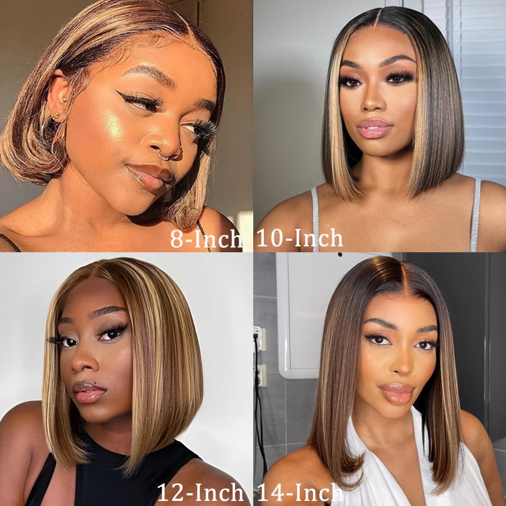 Ombre 13x4 Lace Front Wigs Human Hair Bob Wigs for Women Human Hair Straight Highlight Glueless Bob Wigs Human Hair Pre Plucked with Baby Hair 12 Inch Perruque Femme Humain Naturel 4/27#